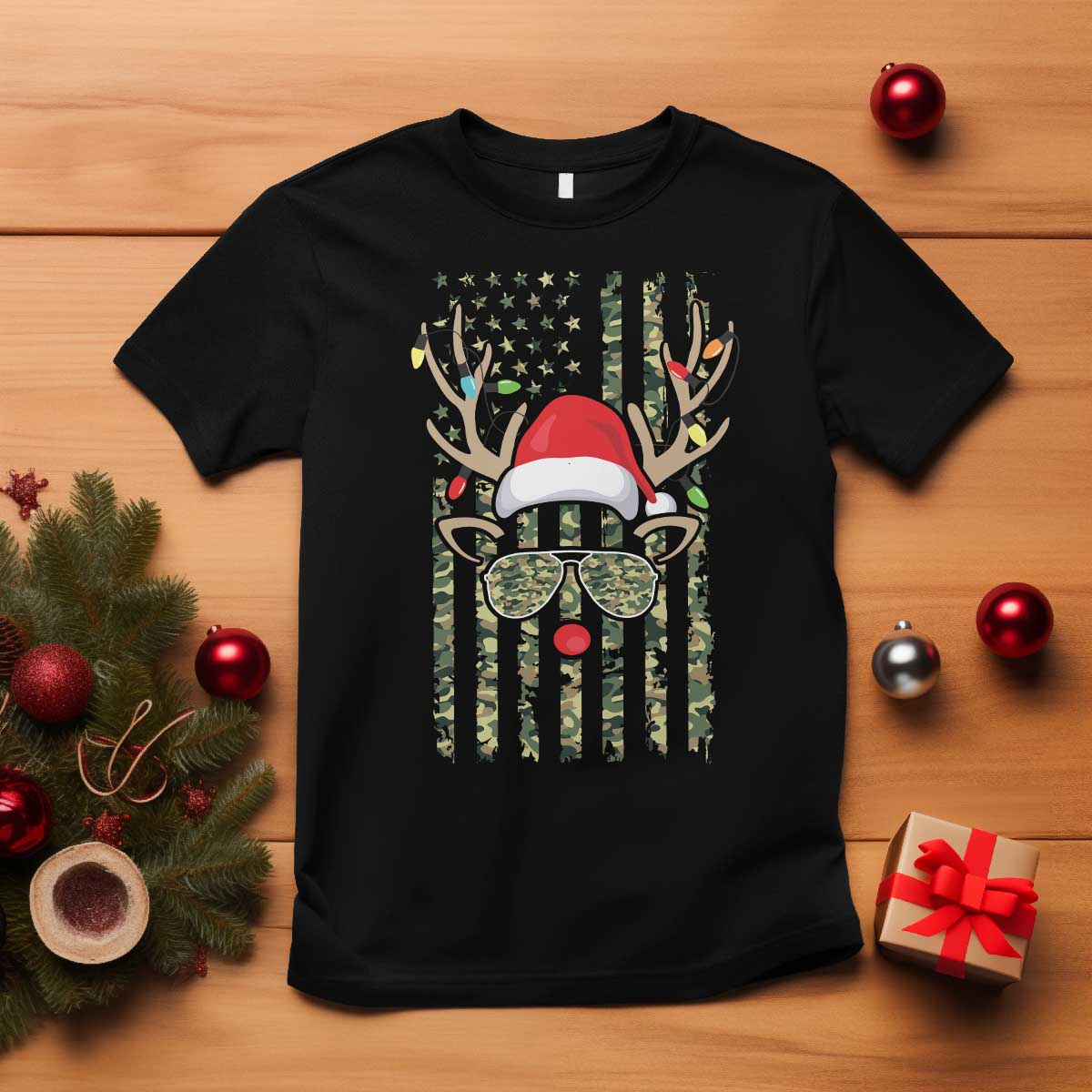 Funny Christmas Reindeer Hunting Camo Flag T Shirt TS11 Black Print Your Wear
