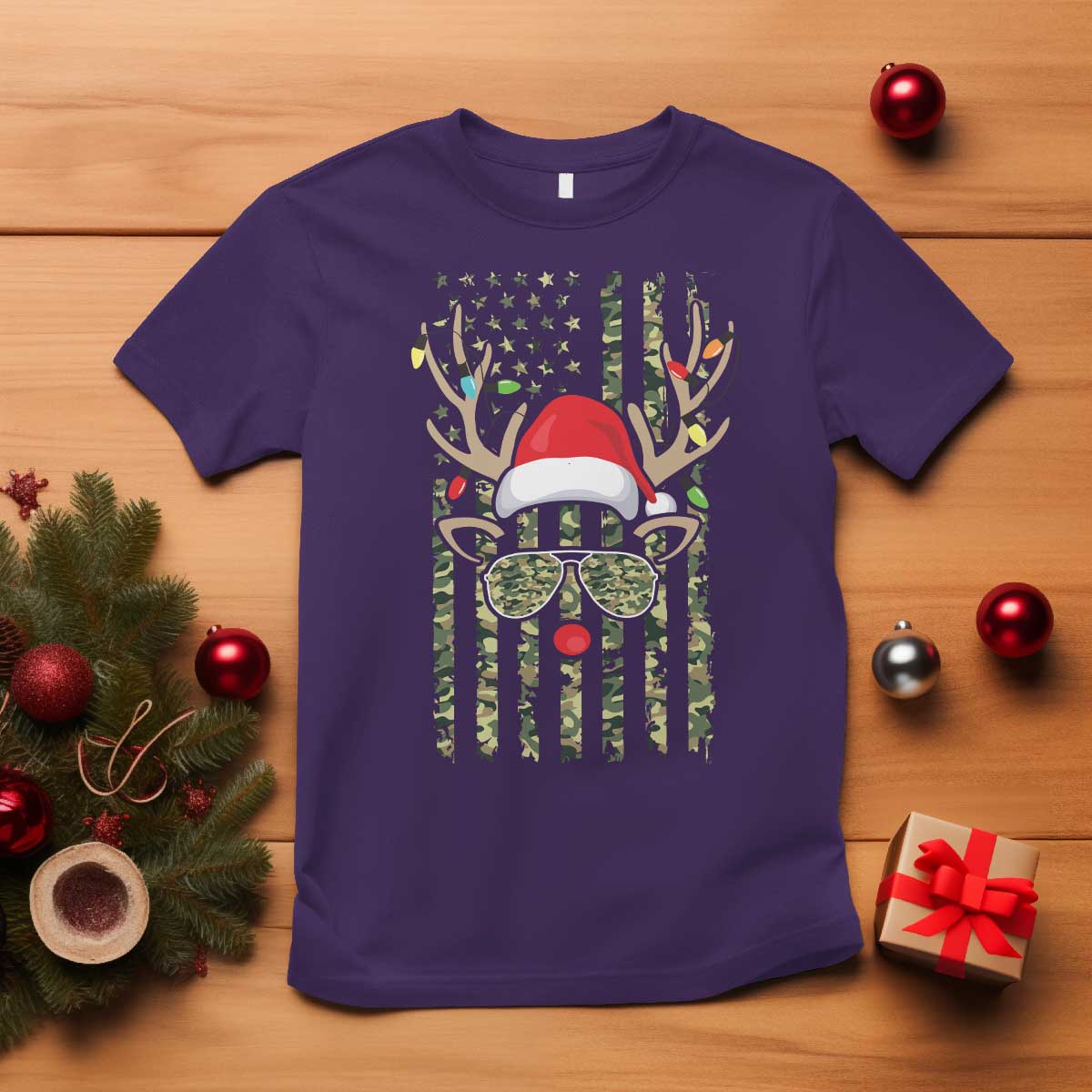 Funny Christmas Reindeer Hunting Camo Flag T Shirt TS11 Purple Print Your Wear