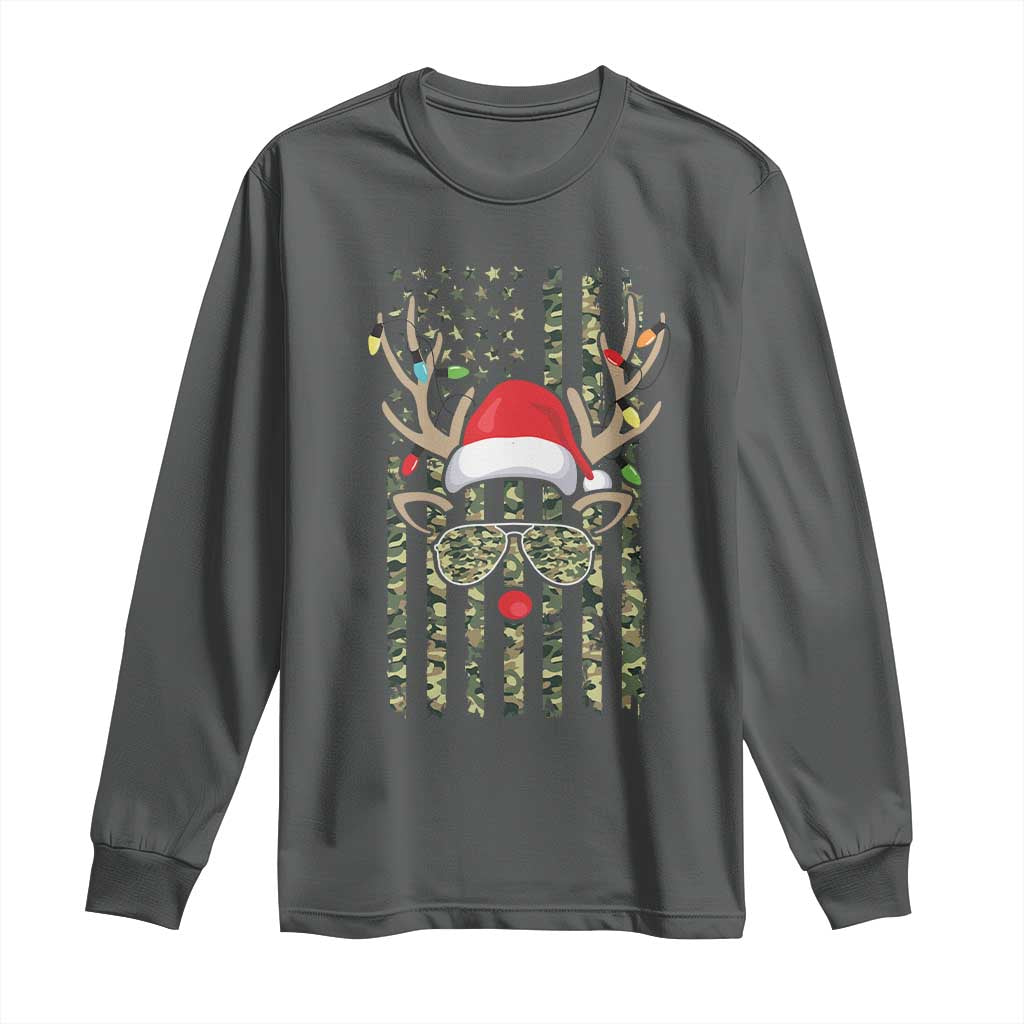 Funny Christmas Reindeer Hunting Camo Flag Long Sleeve Shirt TS11 Dark Heather Print Your Wear