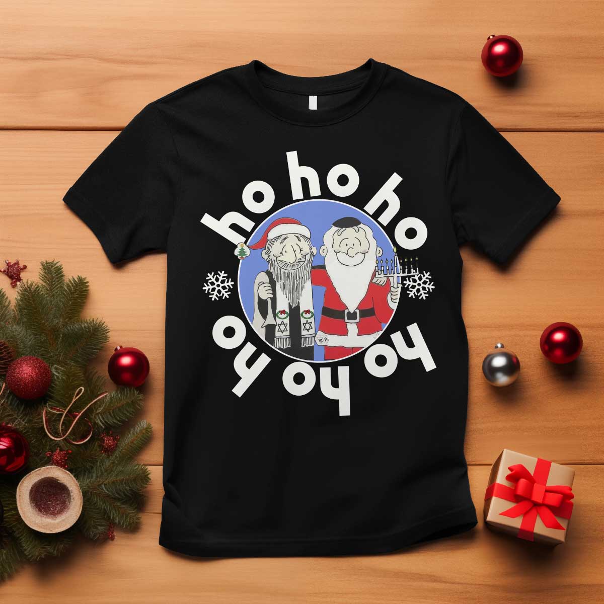 Funny Christmas Hanukkah T Shirt Triple Ho Yo Santa Hebrew Snowflake Menorah TS11 Black Print Your Wear
