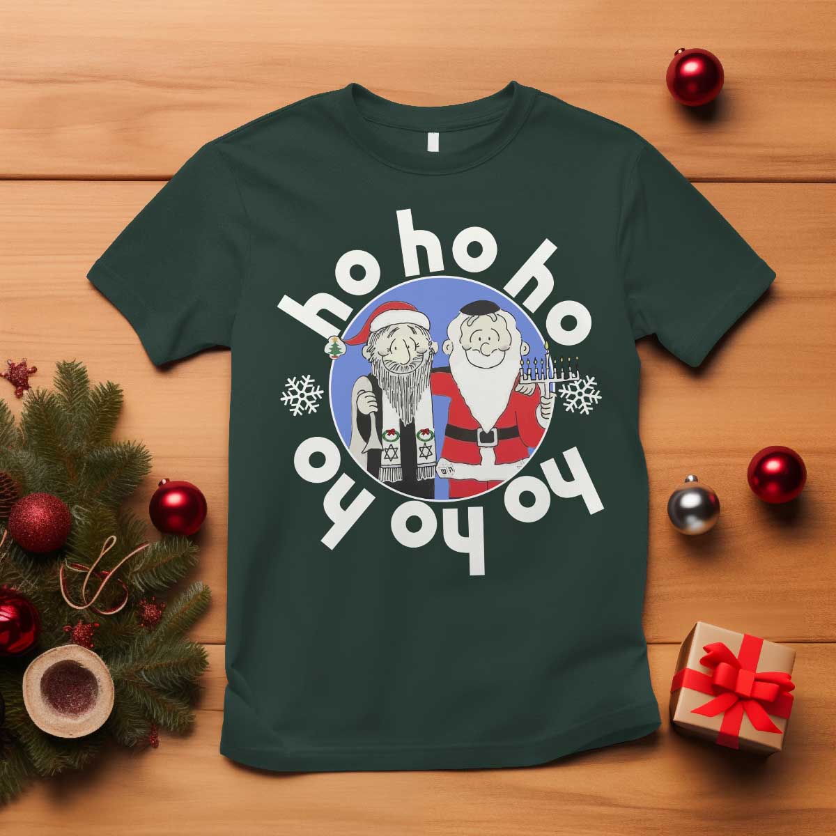 Funny Christmas Hanukkah T Shirt Triple Ho Yo Santa Hebrew Snowflake Menorah TS11 Dark Forest Green Print Your Wear
