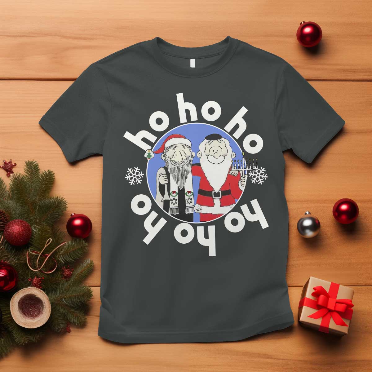 Funny Christmas Hanukkah T Shirt Triple Ho Yo Santa Hebrew Snowflake Menorah TS11 Dark Heather Print Your Wear