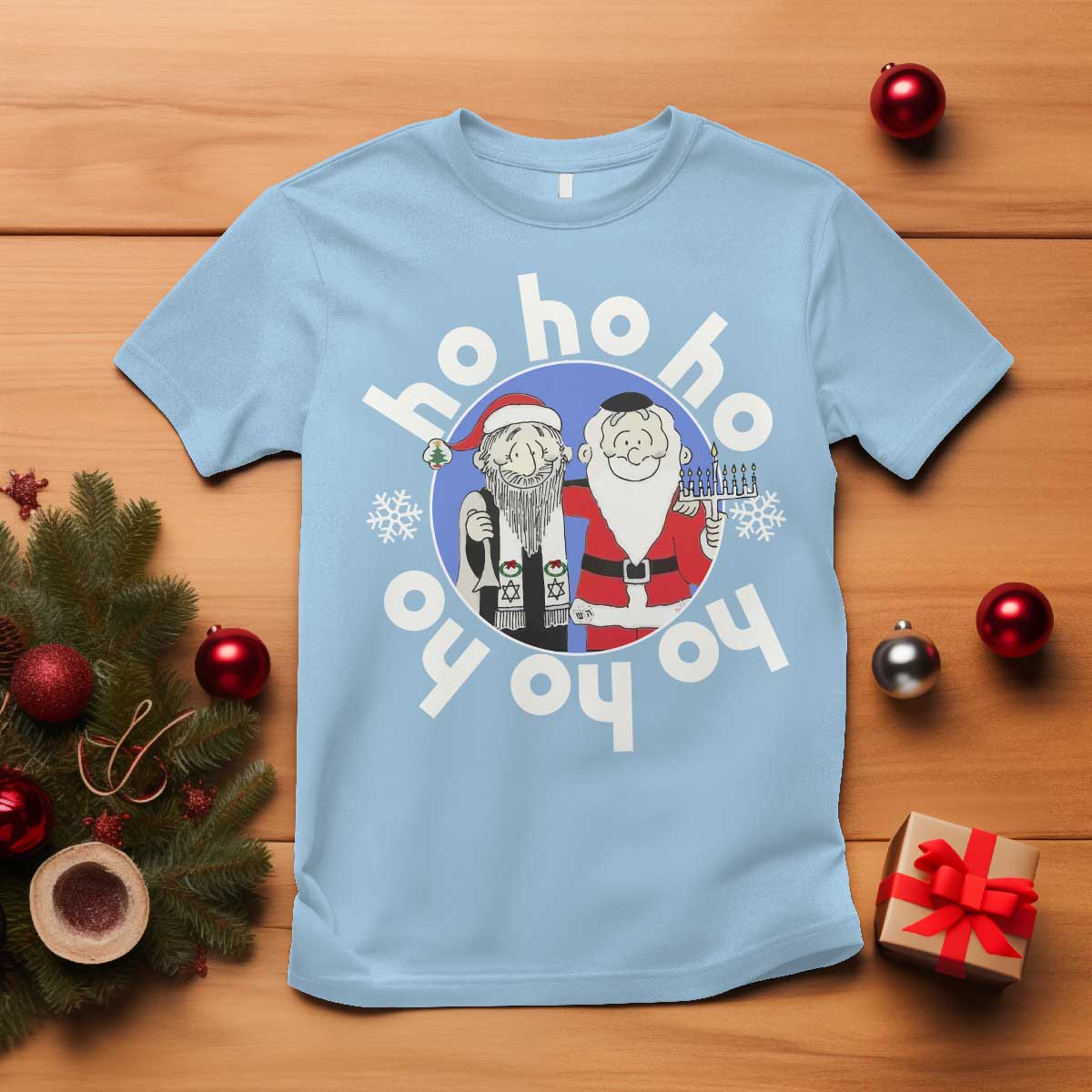 Funny Christmas Hanukkah T Shirt Triple Ho Yo Santa Hebrew Snowflake Menorah TS11 Light Blue Print Your Wear