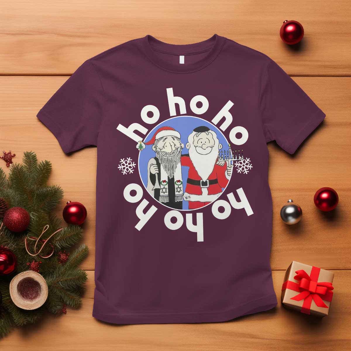Funny Christmas Hanukkah T Shirt Triple Ho Yo Santa Hebrew Snowflake Menorah TS11 Maroon Print Your Wear