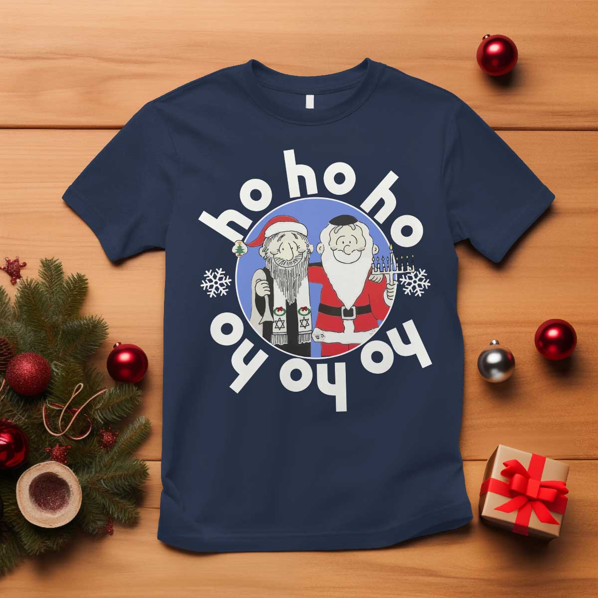 Funny Christmas Hanukkah T Shirt Triple Ho Yo Santa Hebrew Snowflake Menorah TS11 Navy Print Your Wear