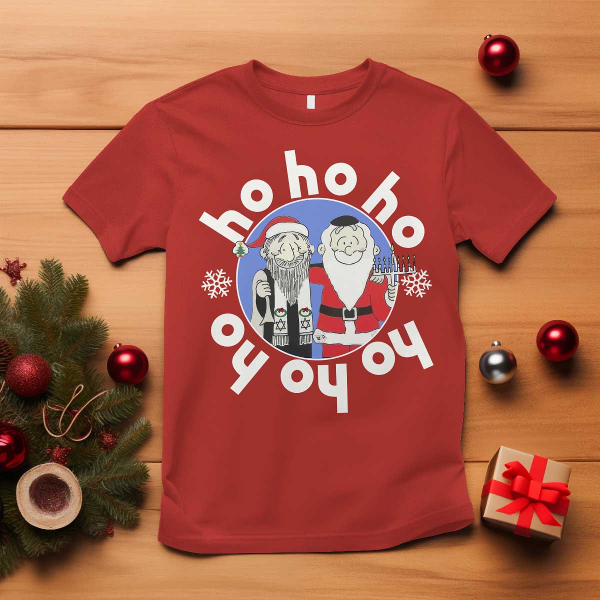 Funny Christmas Hanukkah T Shirt Triple Ho Yo Santa Hebrew Snowflake Menorah TS11 Red Print Your Wear