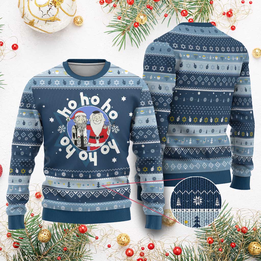 Funny Christmas Chanukah Hanukkah Ugly Sweater Triple Ho Yo Santa Hebrew Snowflake Menorah TS11 Navy Light Blue Print Your Wear