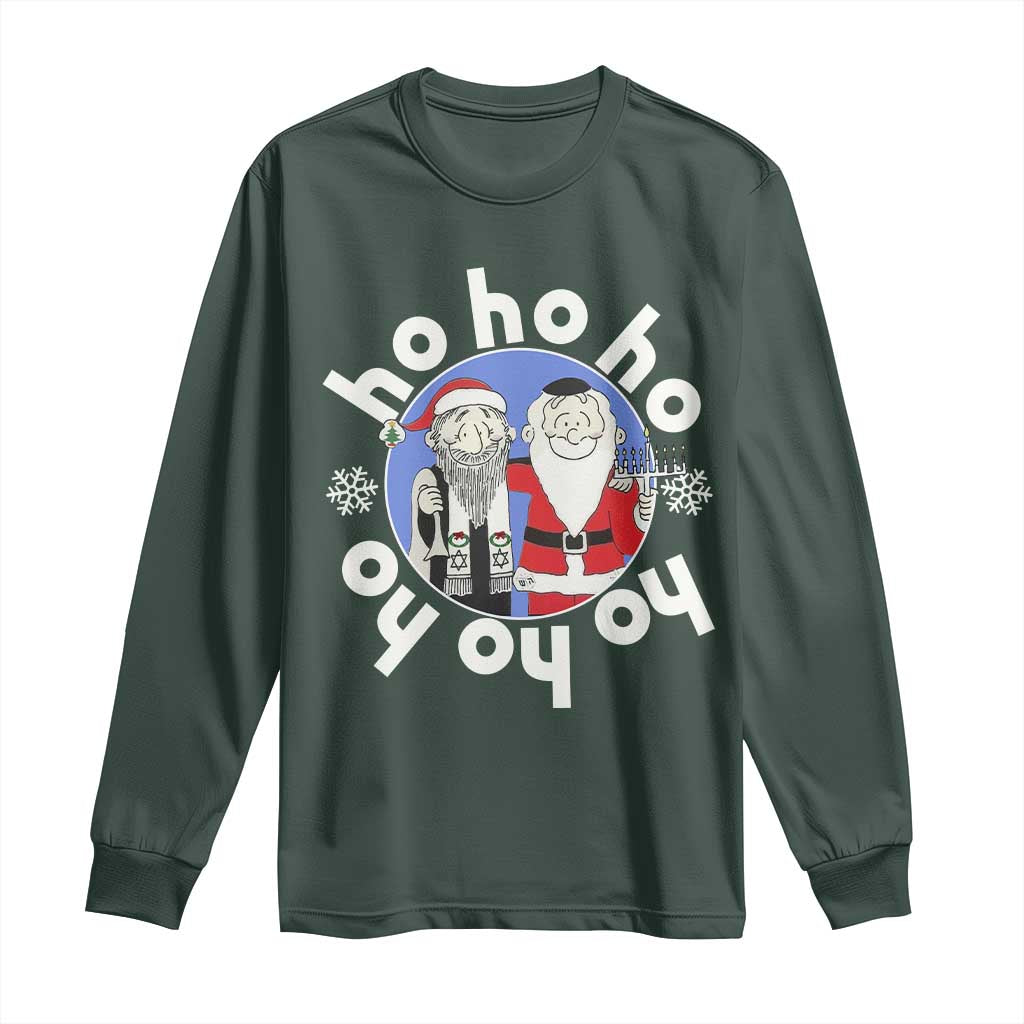 Funny Christmas Hanukkah Long Sleeve Shirt Triple Ho Yo Santa Hebrew Snowflake Menorah TS11 Dark Forest Green Print Your Wear