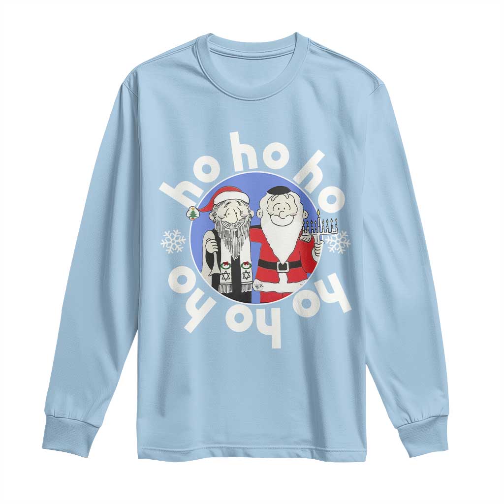 Funny Christmas Hanukkah Long Sleeve Shirt Triple Ho Yo Santa Hebrew Snowflake Menorah TS11 Light Blue Print Your Wear
