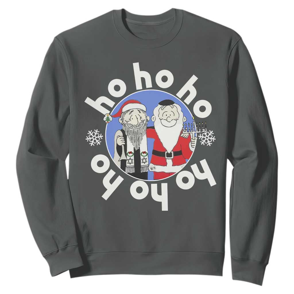 Funny Christmas Hanukkah Sweatshirt Triple Ho Yo Santa Hebrew Snowflake Menorah TS11 Dark Heather Print Your Wear