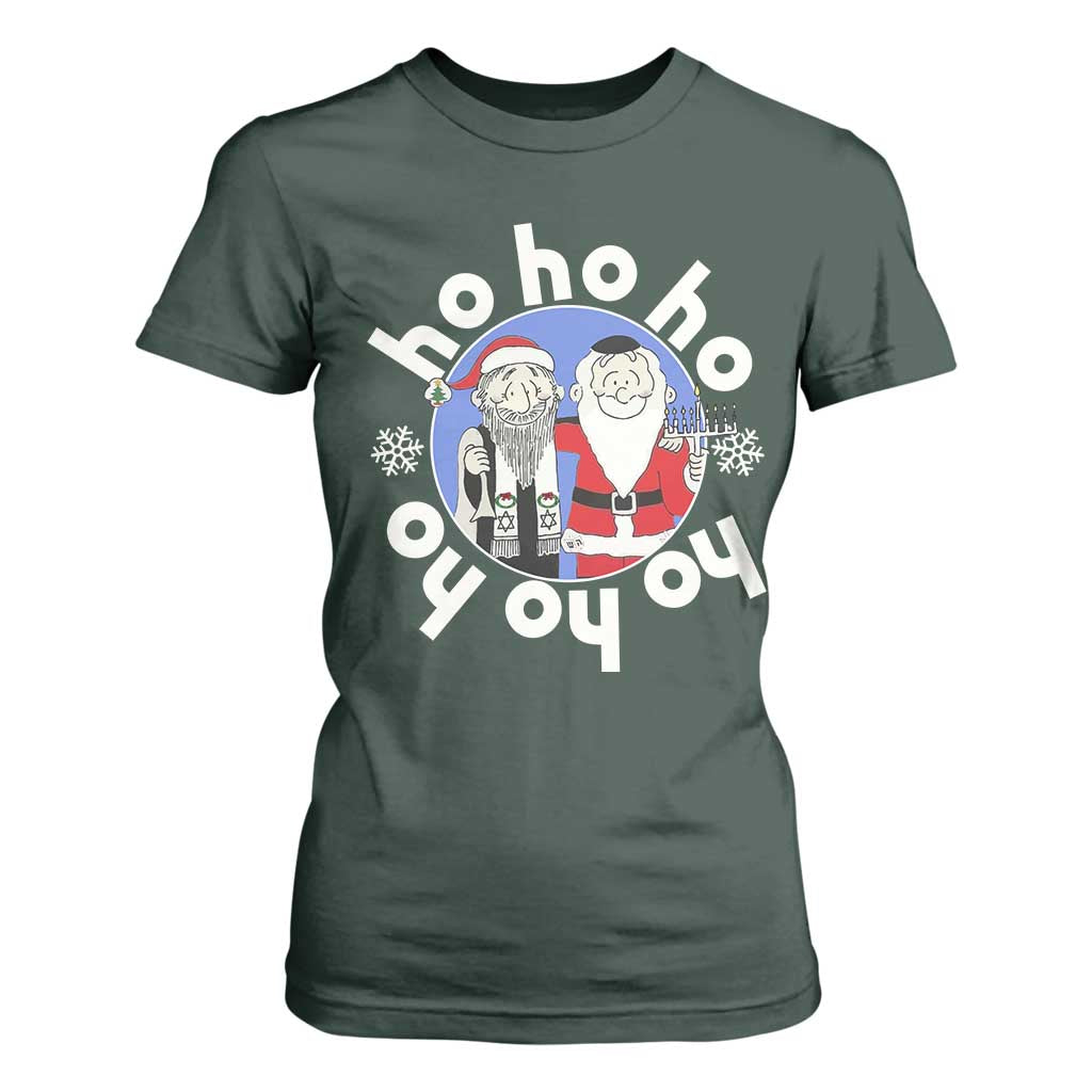 Funny Christmas Hanukkah T Shirt For Women Triple Ho Yo Santa Hebrew Snowflake Menorah TS11 Dark Forest Green Print Your Wear