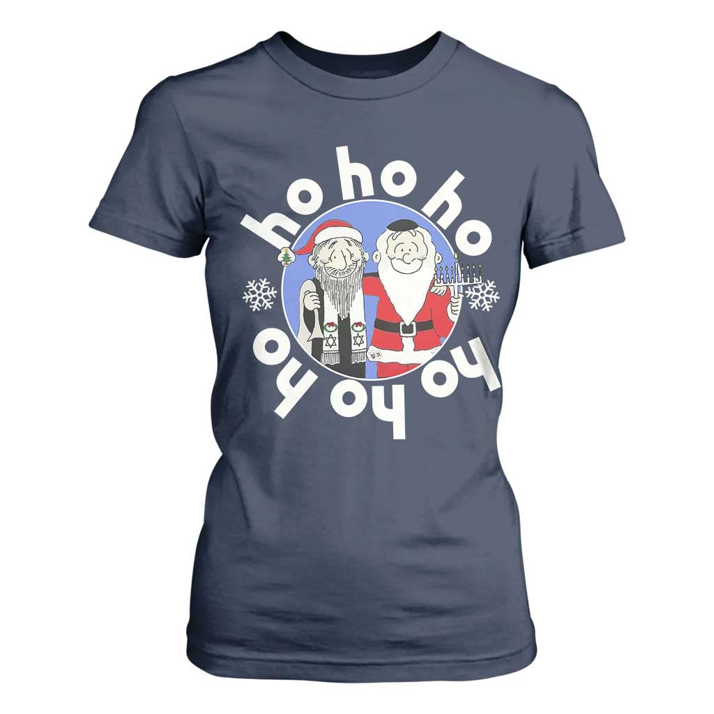 Funny Christmas Hanukkah T Shirt For Women Triple Ho Yo Santa Hebrew Snowflake Menorah TS11 Navy Print Your Wear