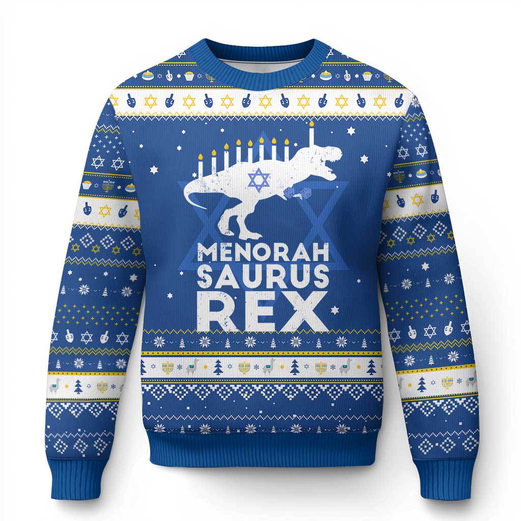 Funny Menorah Saurus Rex Dinosaur David Star Hanukkah Ugly Sweater TS11 Blue White Print Your Wear
