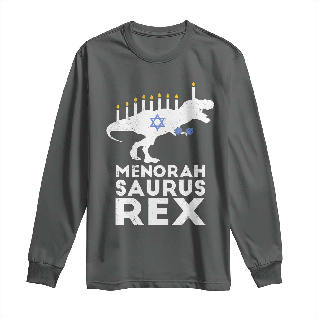 Funny Hanukkah Long Sleeve Shirt Menorah Saurus Rex Dinosaur David Star TS11 Dark Heather Print Your Wear