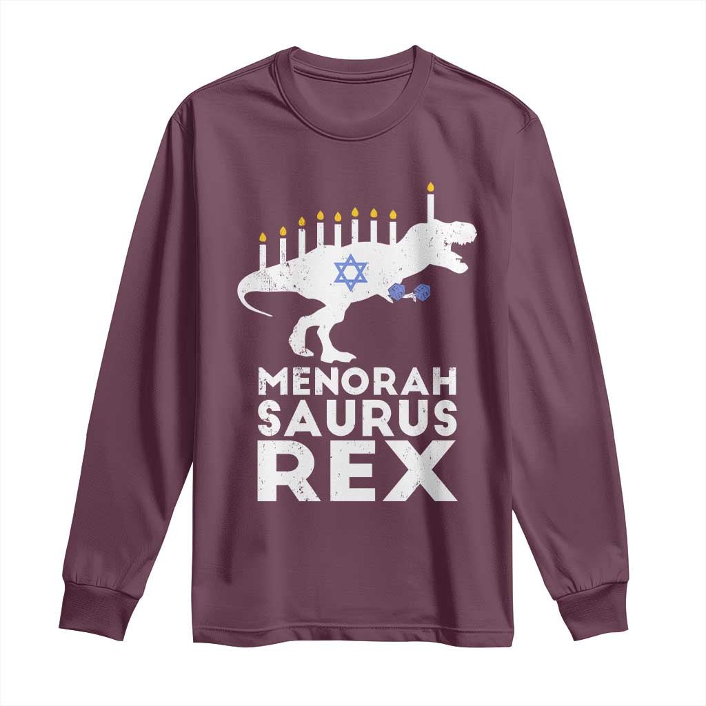 Funny Hanukkah Long Sleeve Shirt Menorah Saurus Rex Dinosaur David Star TS11 Maroon Print Your Wear