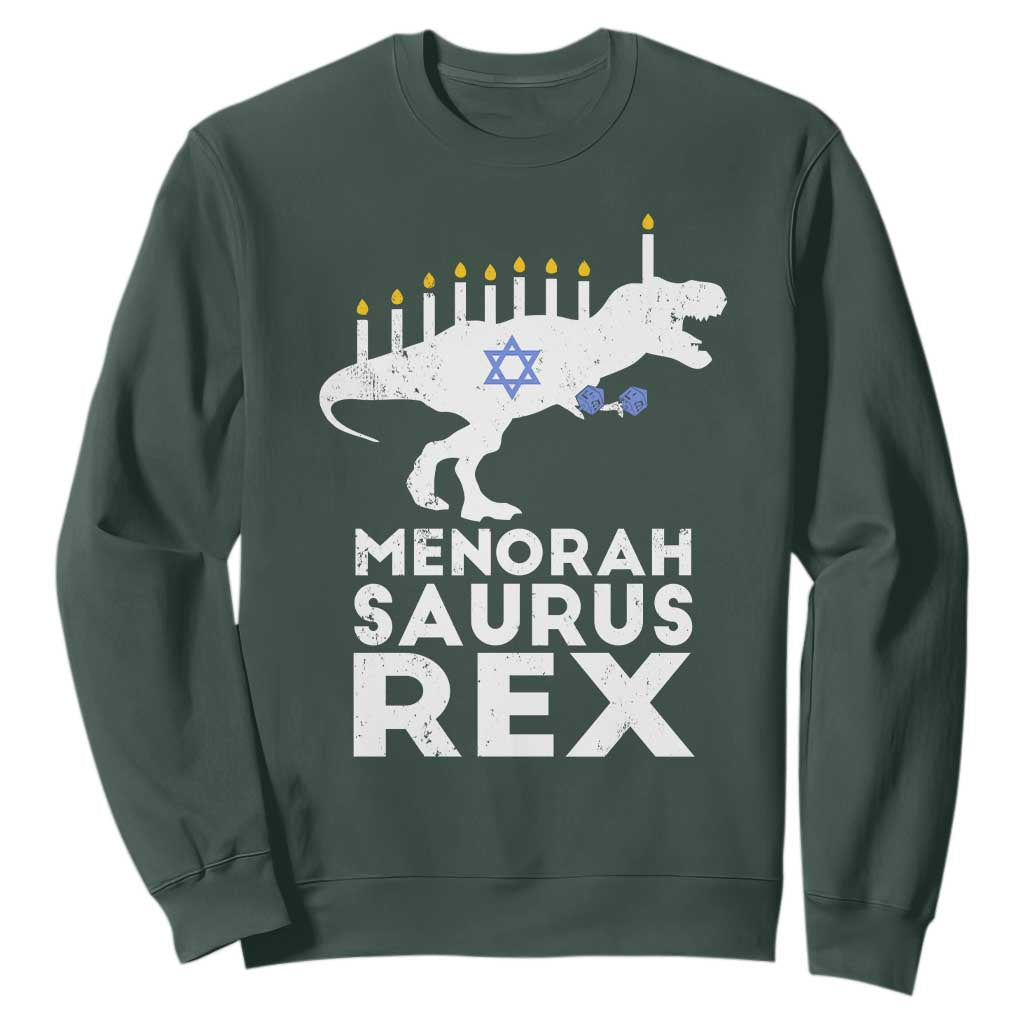 Funny Hanukkah Sweatshirt Menorah Saurus Rex Dinosaur David Star TS11 Dark Forest Green Print Your Wear