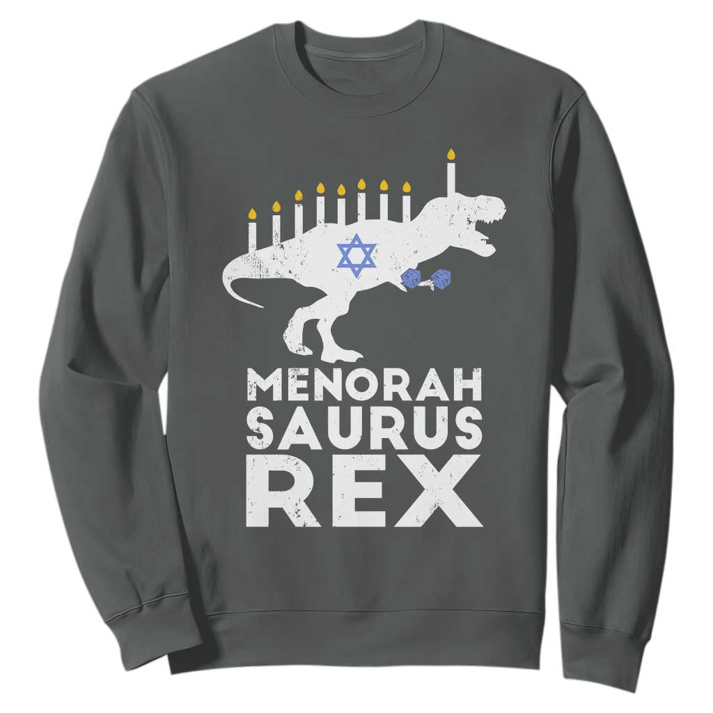 Funny Hanukkah Sweatshirt Menorah Saurus Rex Dinosaur David Star TS11 Dark Heather Print Your Wear