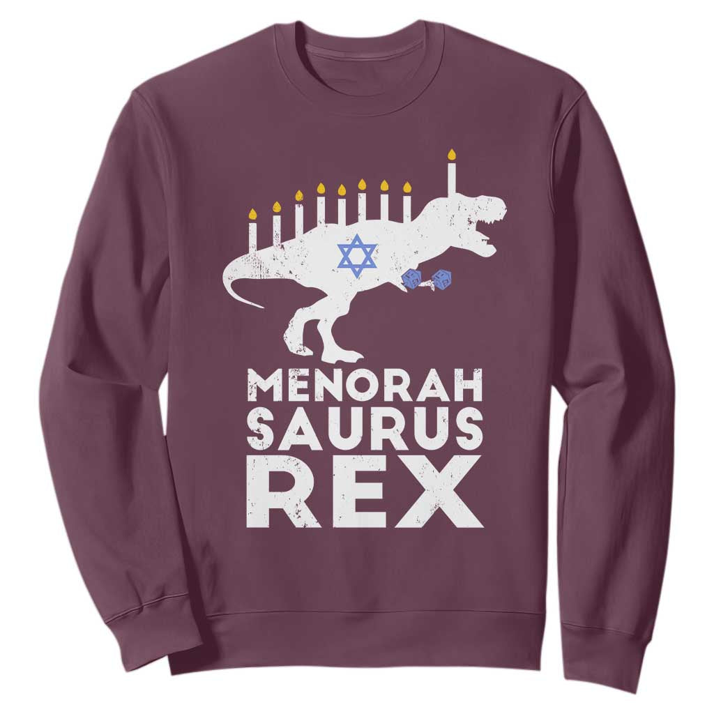 Funny Hanukkah Sweatshirt Menorah Saurus Rex Dinosaur David Star TS11 Maroon Print Your Wear