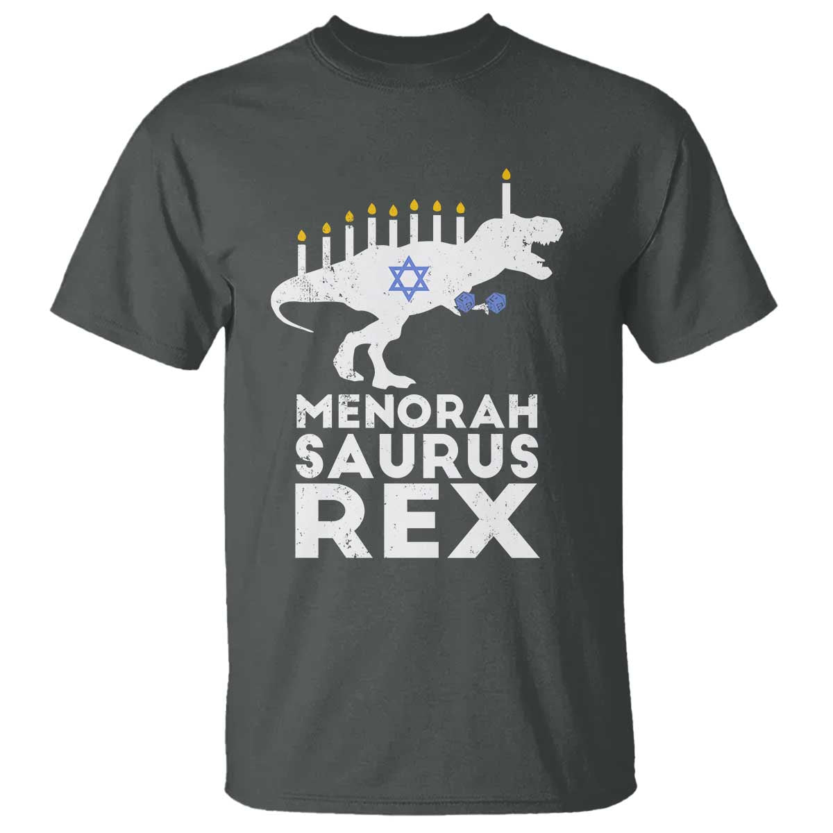 Funny Hanukkah T Shirt Menorah Saurus Rex Dinosaur David Star TS11 Dark Heather Print Your Wear