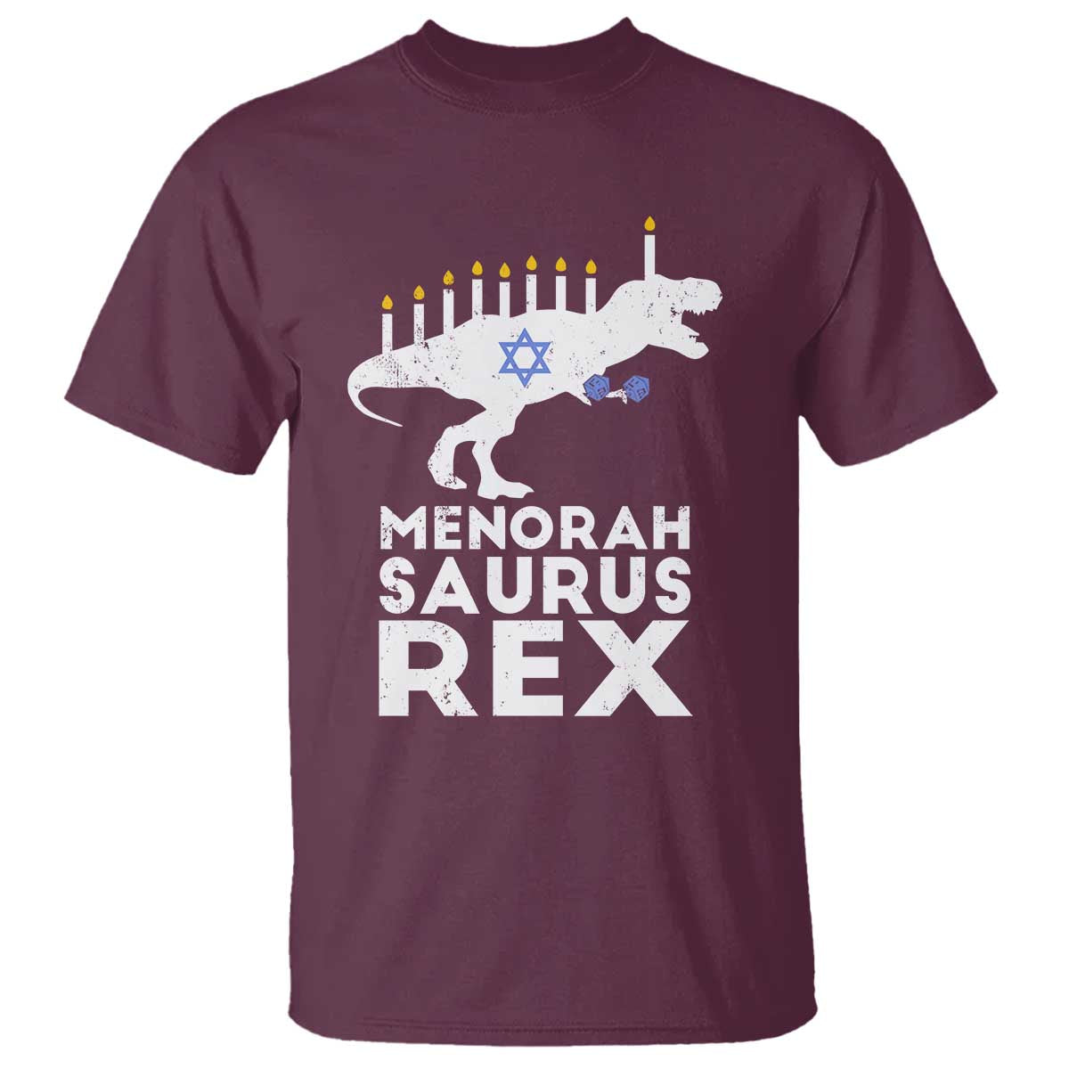 Funny Hanukkah T Shirt Menorah Saurus Rex Dinosaur David Star TS11 Maroon Print Your Wear