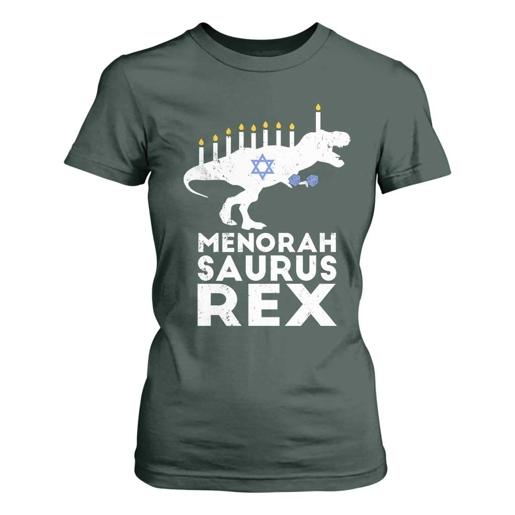 Funny Hanukkah T Shirt For Women Menorah Saurus Rex Dinosaur David Star TS11 Dark Forest Green Print Your Wear