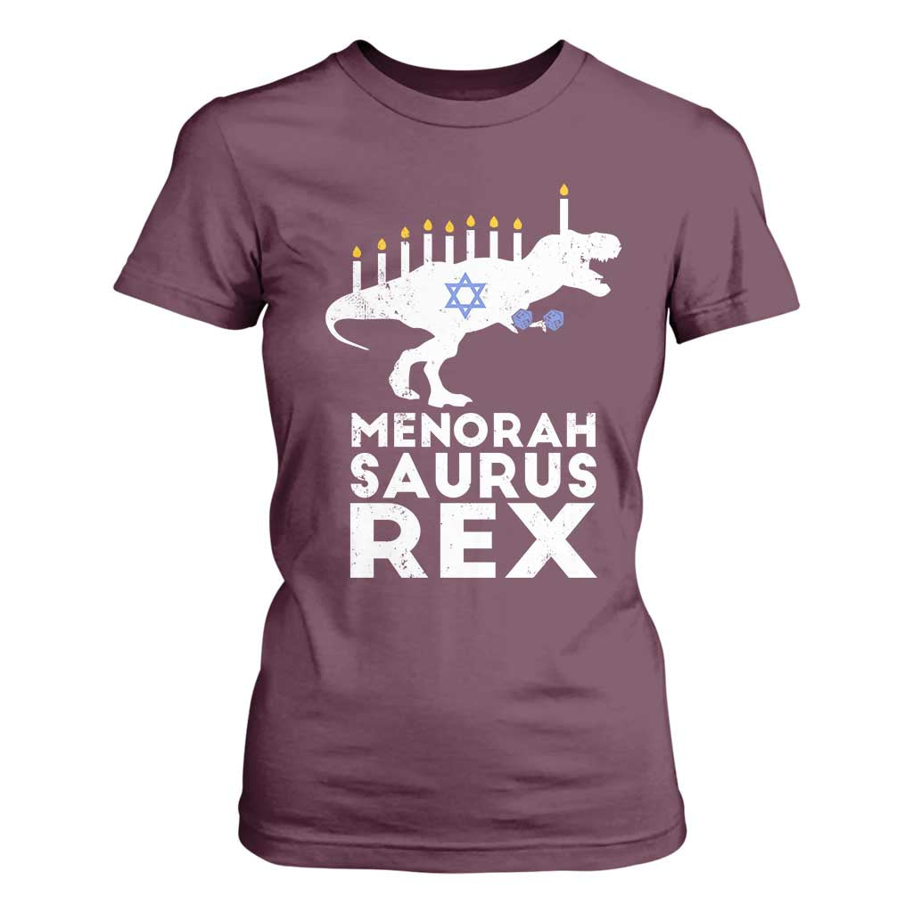 Funny Hanukkah T Shirt For Women Menorah Saurus Rex Dinosaur David Star TS11 Maroon Print Your Wear