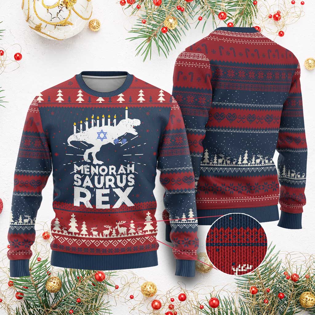 Funny Hanukkah Ugly Christmas Sweater Menorah Saurus Rex Dinosaur David Star TS11 Burgundy Print Your Wear