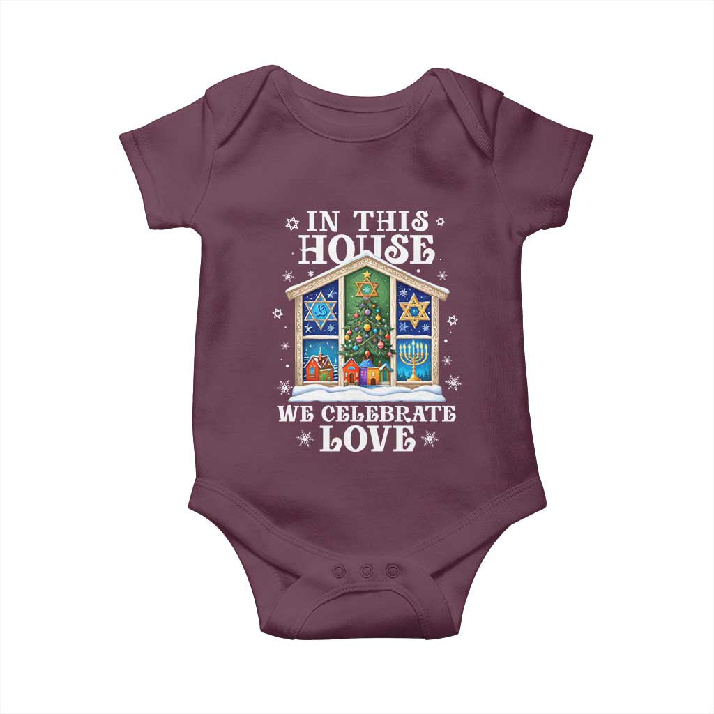 Funny Hanukkah Christmas Baby Onesie In This House We Celebrate Love Chrismukkah TS11 Maroon Print Your Wear