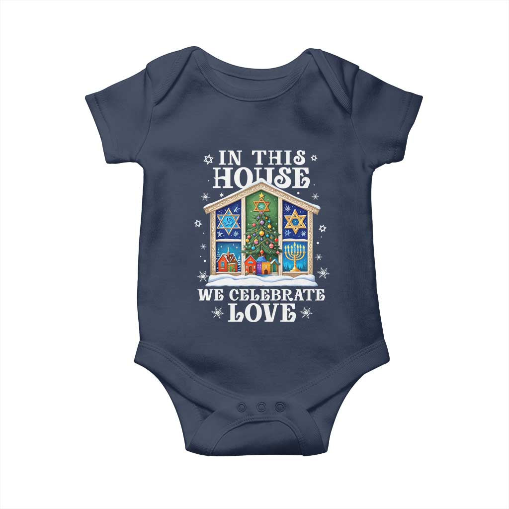 Funny Hanukkah Christmas Baby Onesie In This House We Celebrate Love Chrismukkah TS11 Navy Print Your Wear