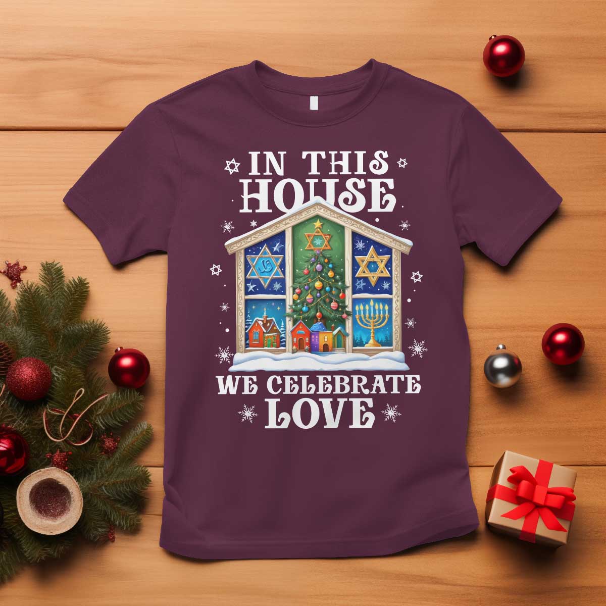 Funny Hanukkah Christmas T Shirt In This House We Celebrate Love Chrismukkah TS11 Maroon Print Your Wear