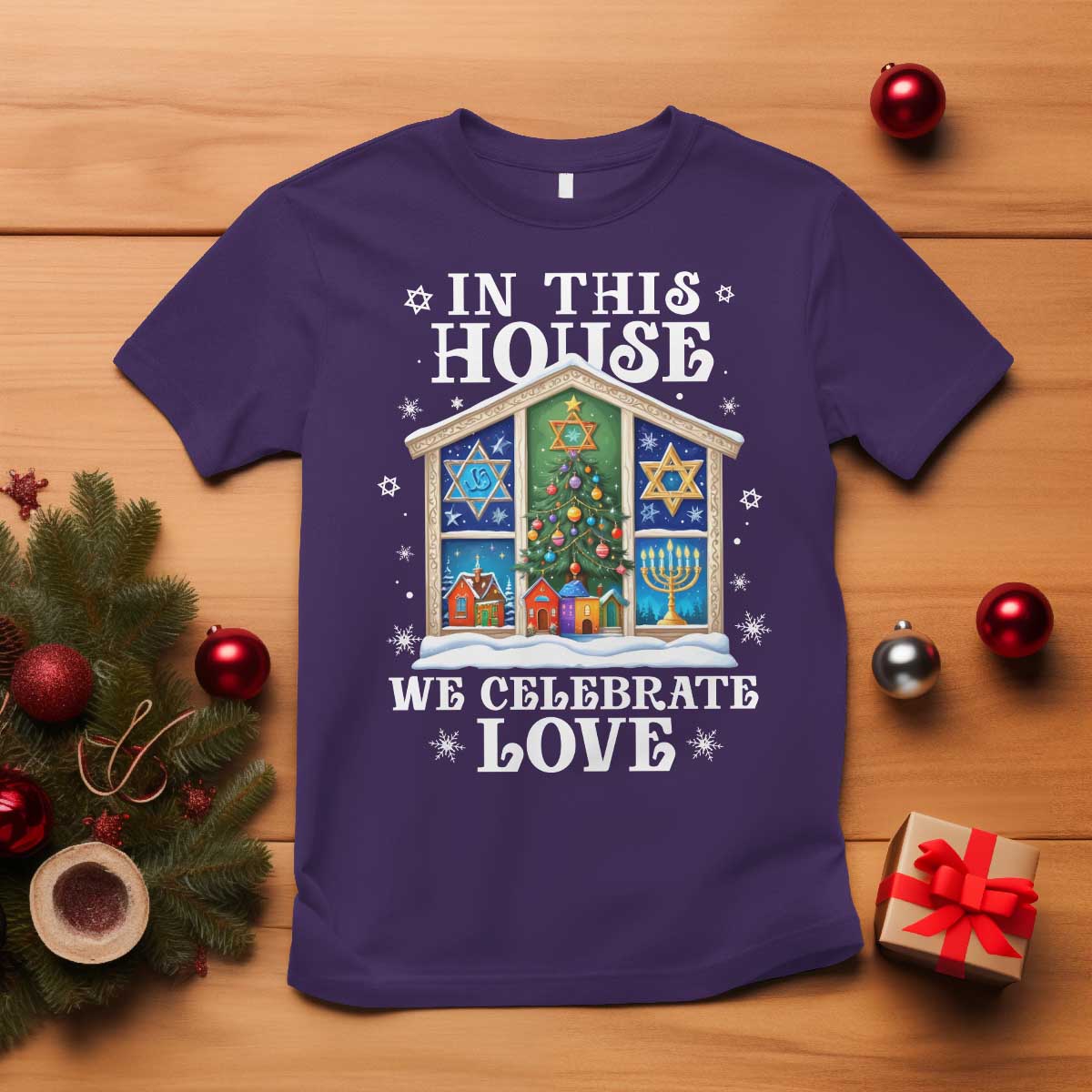 Funny Hanukkah Christmas T Shirt In This House We Celebrate Love Chrismukkah TS11 Purple Print Your Wear