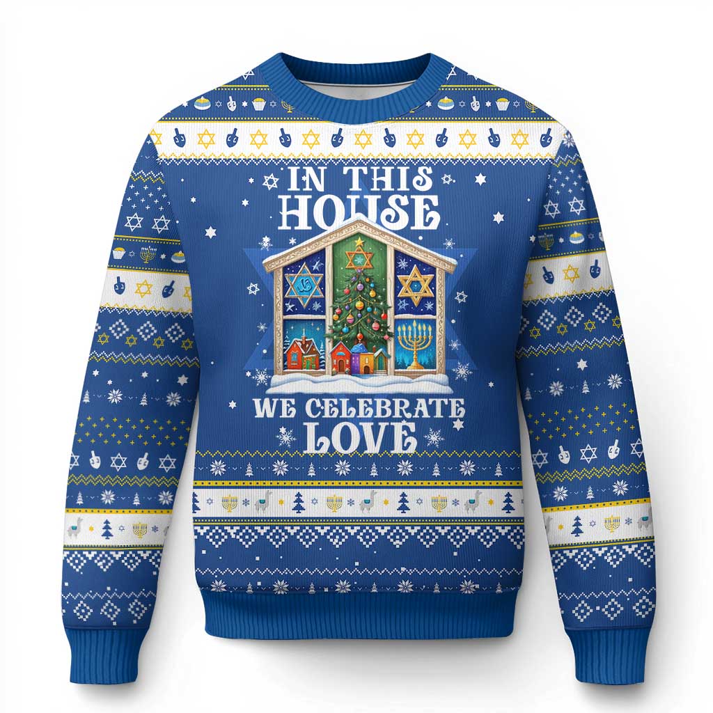 Funny Chanukah Christmas Hanukkah Ugly Sweater In This House We Celebrate Love Chrismukkah TS11 Blue White Print Your Wear