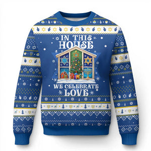 Funny Chanukah Christmas Hanukkah Ugly Sweater In This House We Celebrate Love Chrismukkah TS11 Blue White Print Your Wear