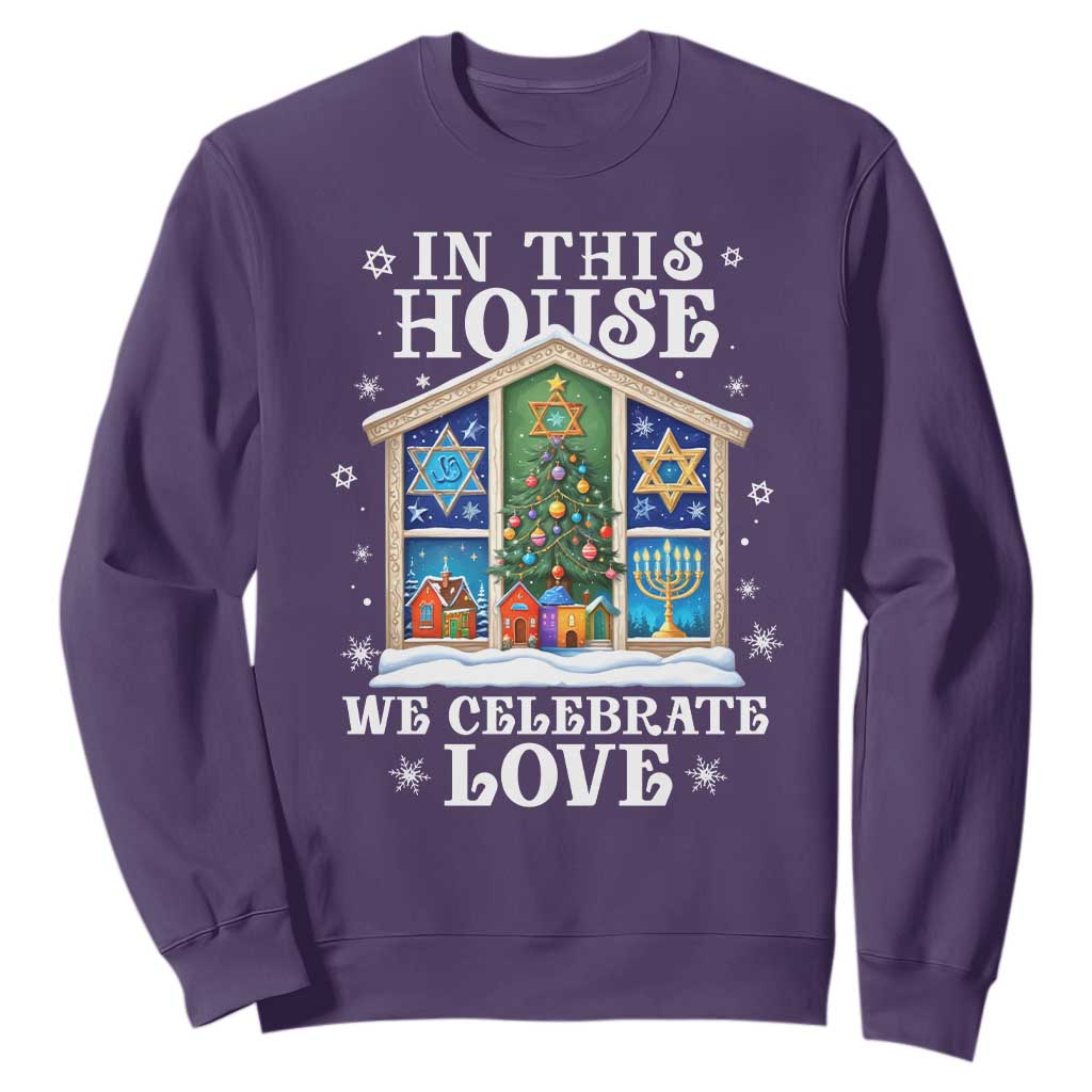 Funny Hanukkah Christmas Sweatshirt In This House We Celebrate Love Chrismukkah TS11 Purple Print Your Wear