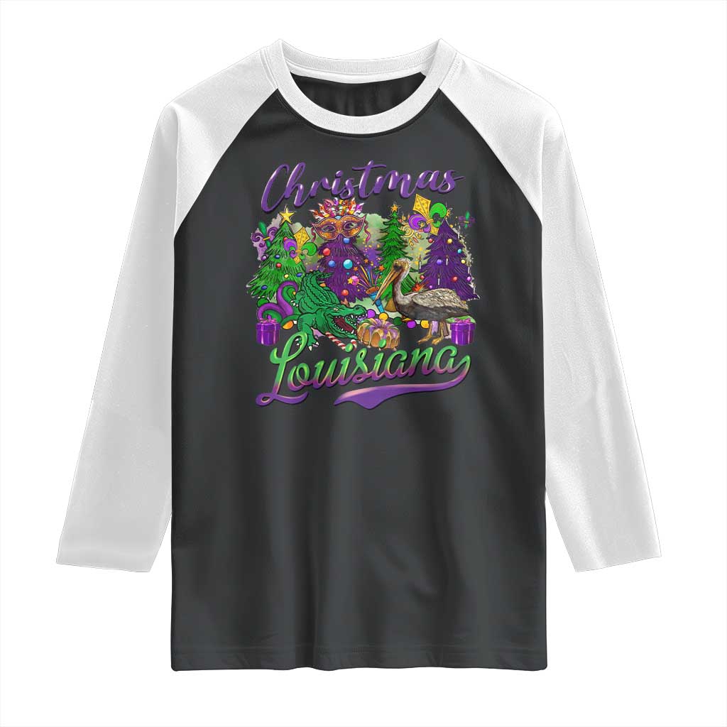 Christmas Cajun Louisiana Saint Symbol Alligator Pelican Xmas Tree Raglan Shirt TS11 Black White Print Your Wear