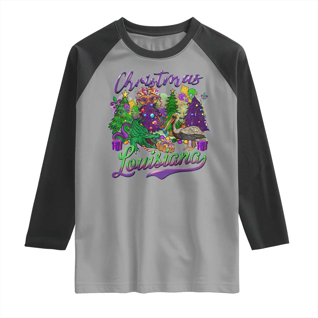 Christmas Cajun Louisiana Saint Symbol Alligator Pelican Xmas Tree Raglan Shirt TS11 Sport Gray Black Print Your Wear