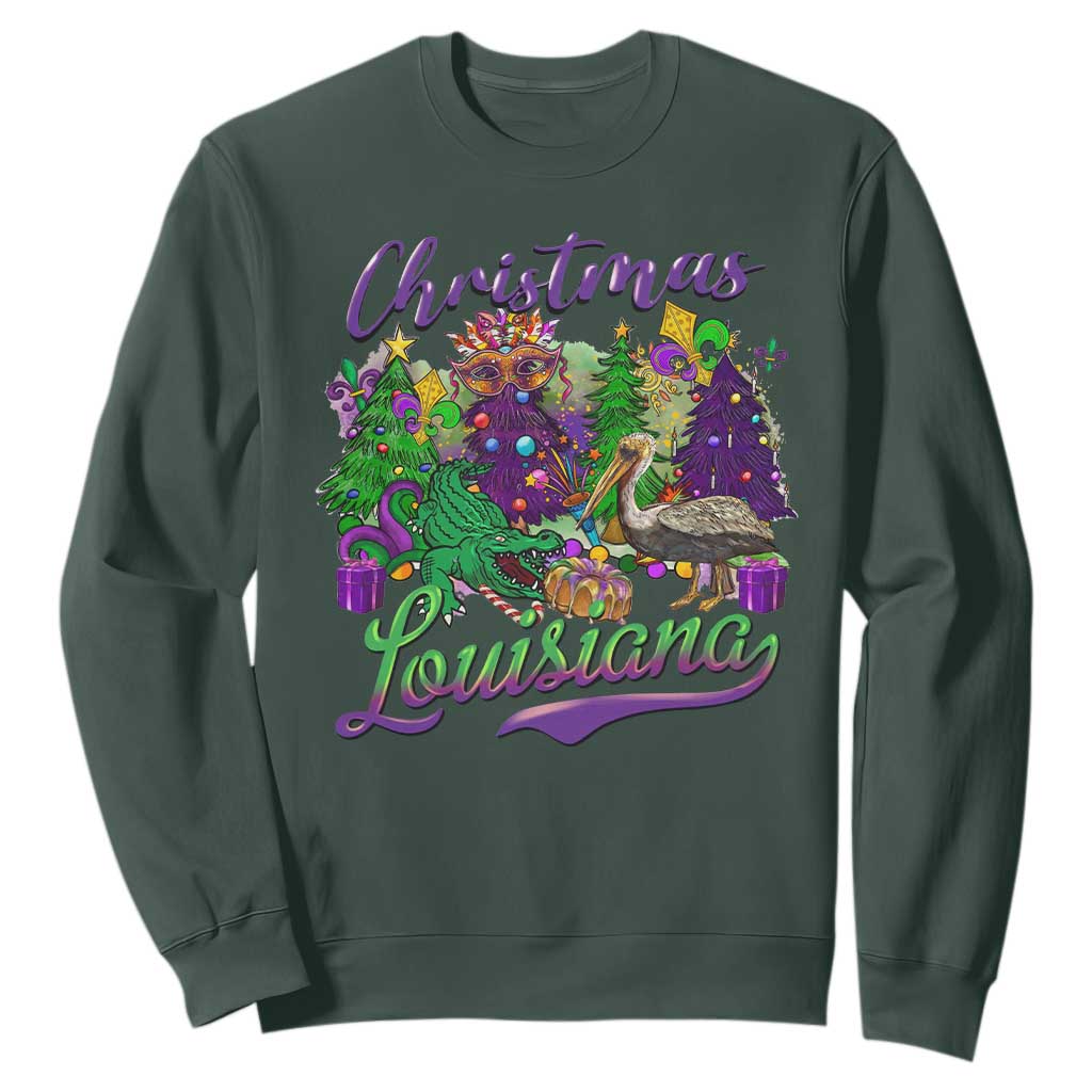 Christmas Cajun Louisiana Saint Symbol Alligator Pelican Xmas Tree Sweatshirt TS11 Dark Forest Green Print Your Wear