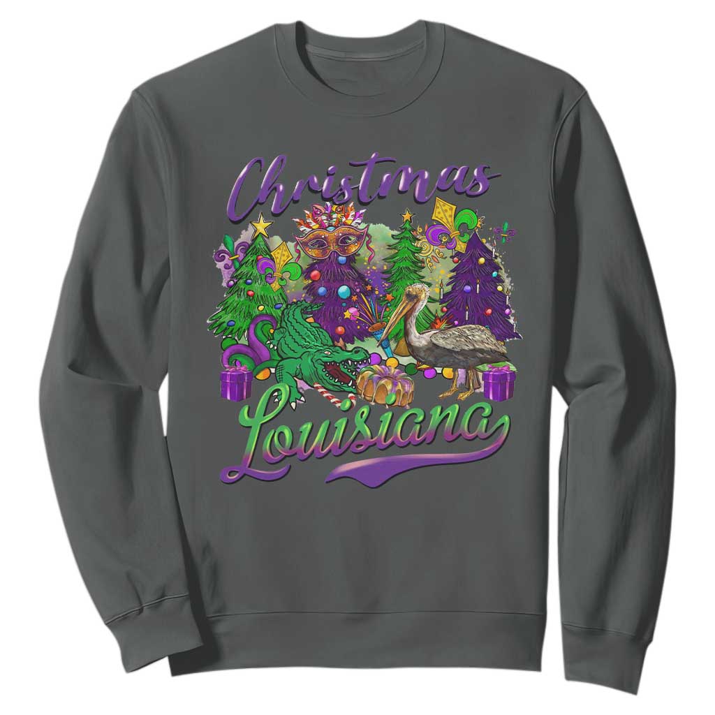 Christmas Cajun Louisiana Saint Symbol Alligator Pelican Xmas Tree Sweatshirt TS11 Dark Heather Print Your Wear
