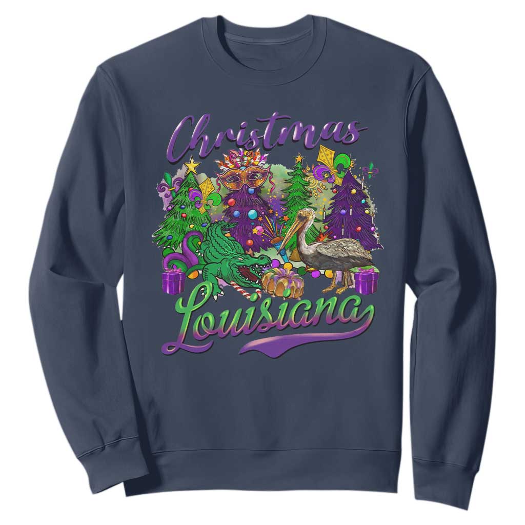 Christmas Cajun Louisiana Saint Symbol Alligator Pelican Xmas Tree Sweatshirt TS11 Navy Print Your Wear