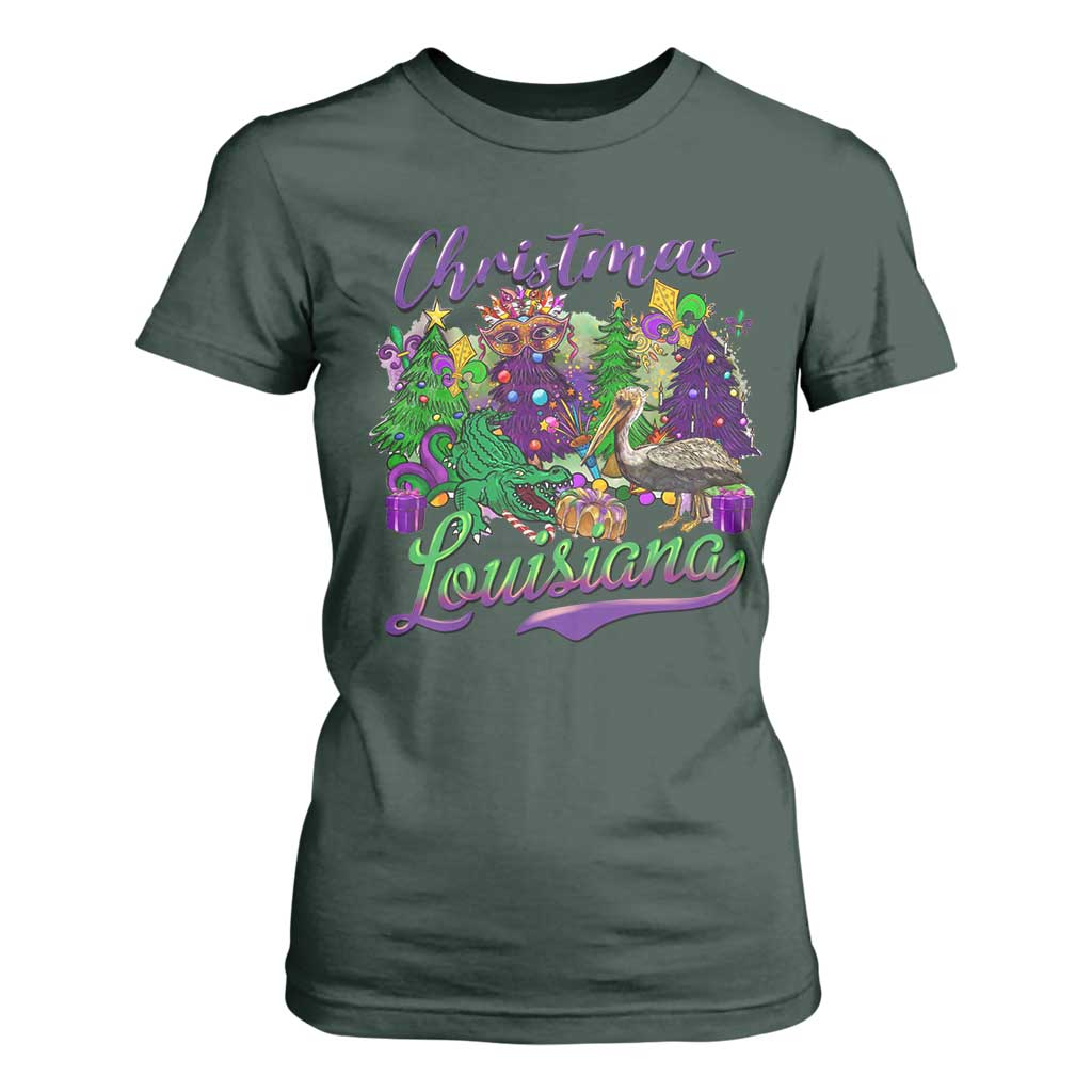 Christmas Cajun Louisiana Saint Symbol Alligator Pelican Xmas Tree T Shirt For Women TS11 Dark Forest Green Print Your Wear