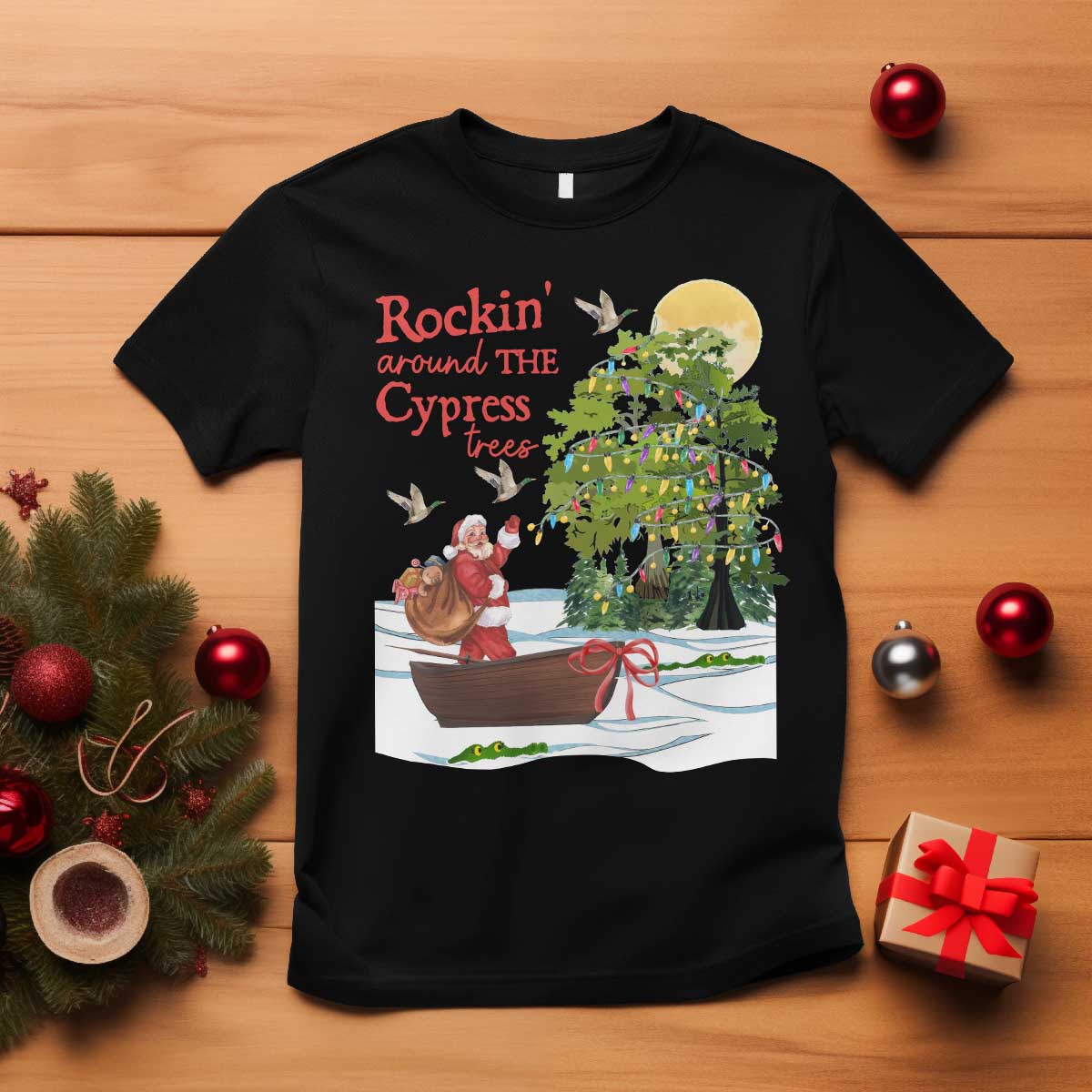 Funny Christmas Cajun Louisiana T Shirt Rockin' Around The Cypress Trees Santa Alligator TS11 Black Print Your Wear