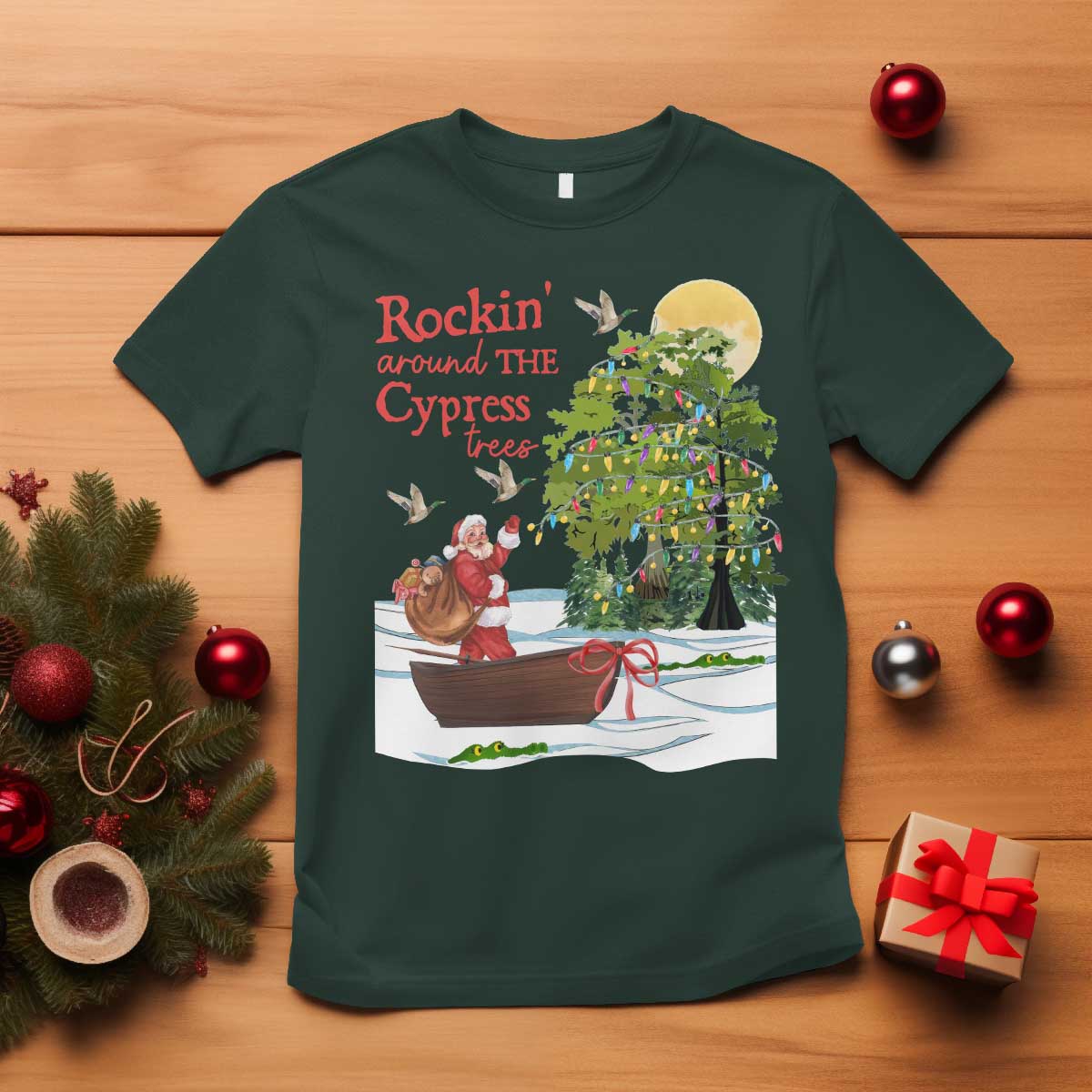 Funny Christmas Cajun Louisiana T Shirt Rockin' Around The Cypress Trees Santa Alligator TS11 Dark Forest Green Print Your Wear
