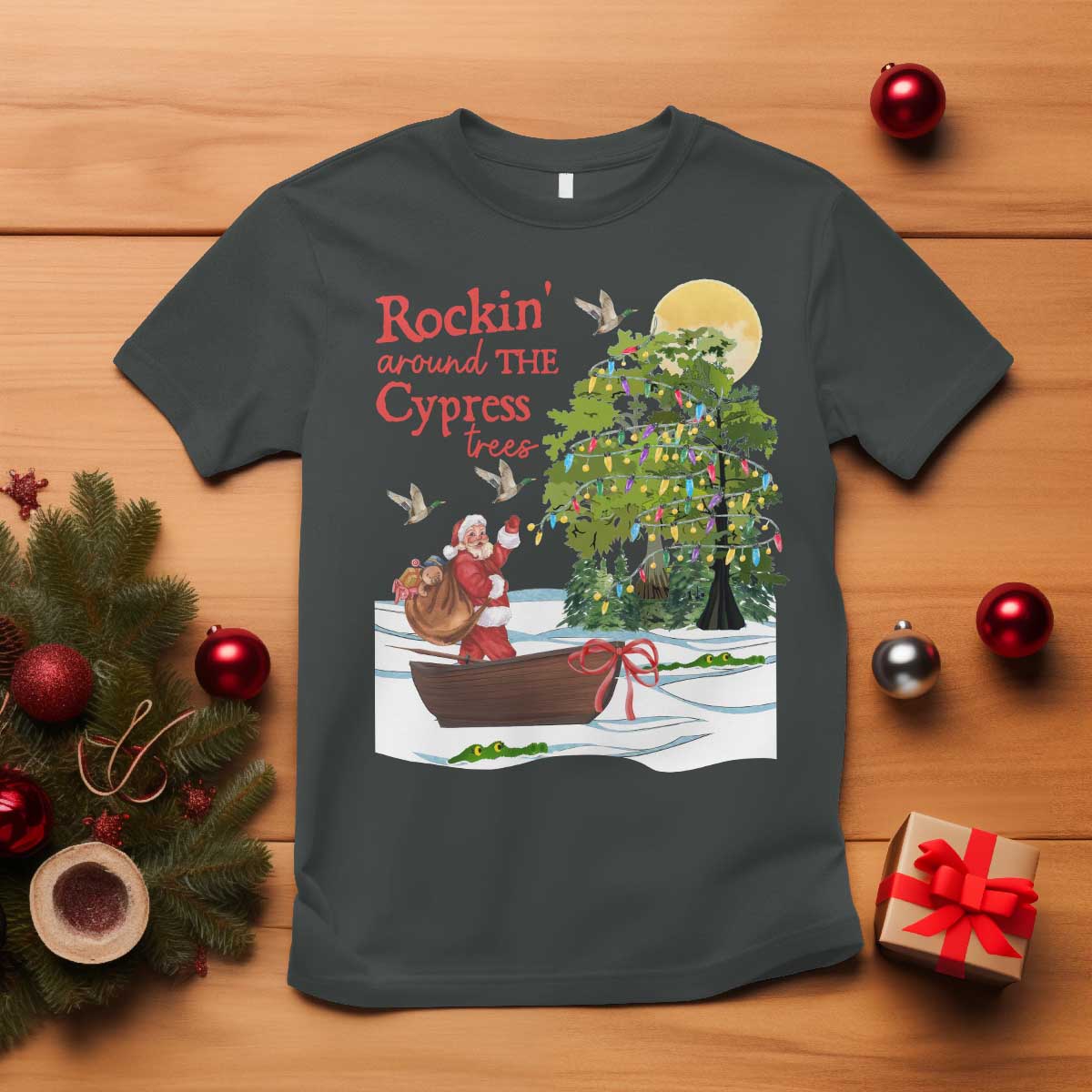 Funny Christmas Cajun Louisiana T Shirt Rockin' Around The Cypress Trees Santa Alligator TS11 Dark Heather Print Your Wear