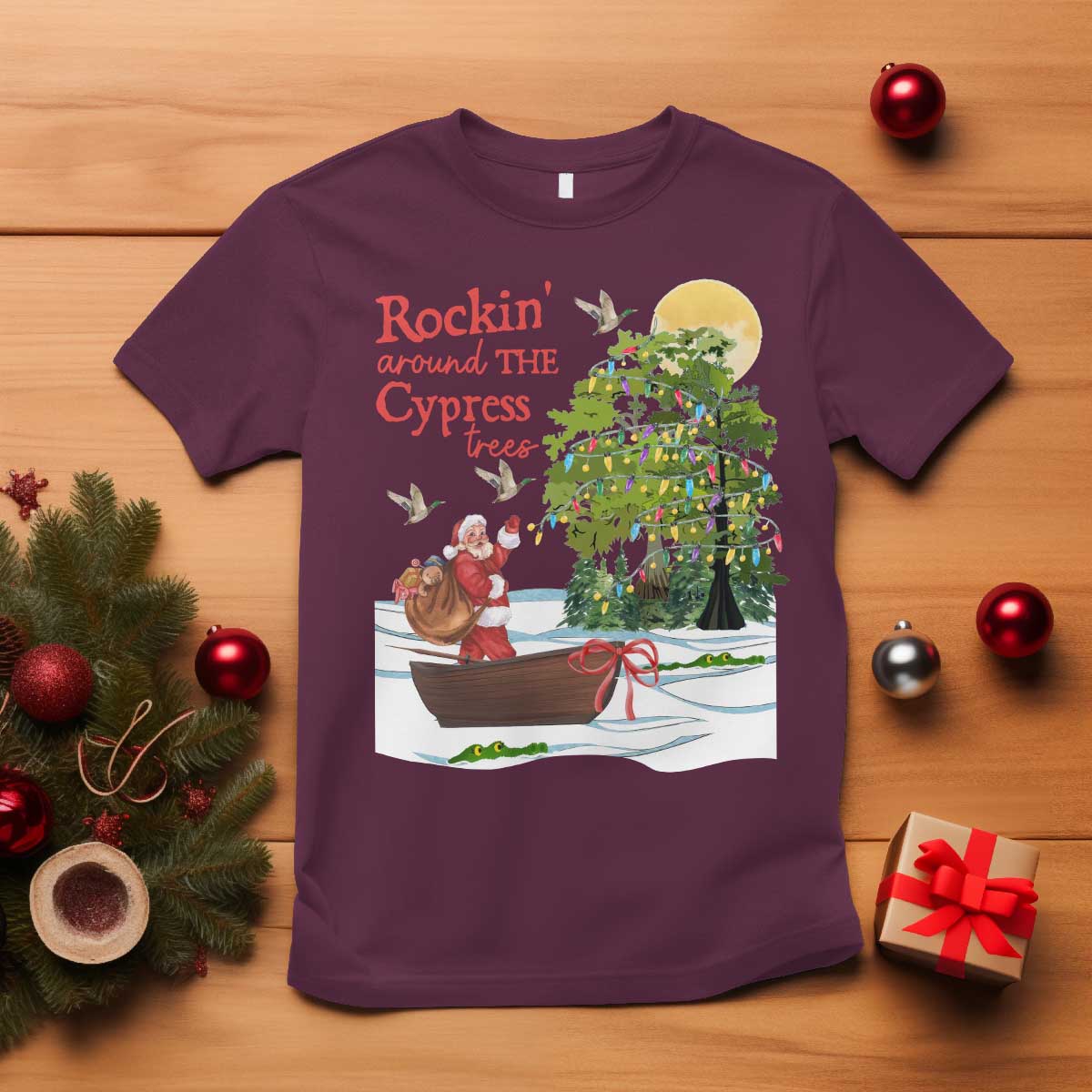 Funny Christmas Cajun Louisiana T Shirt Rockin' Around The Cypress Trees Santa Alligator TS11 Maroon Print Your Wear
