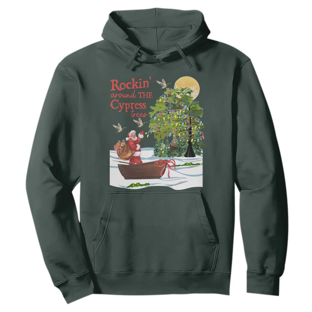 Funny Christmas Cajun Louisiana Hoodie Rockin' Around The Cypress Trees Santa Alligator TS11 Dark Forest Green Print Your Wear