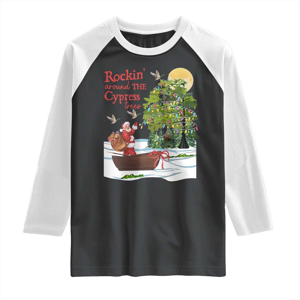 Funny Christmas Cajun Louisiana Raglan Shirt Rockin' Around The Cypress Trees Santa Alligator TS11 Black White Print Your Wear