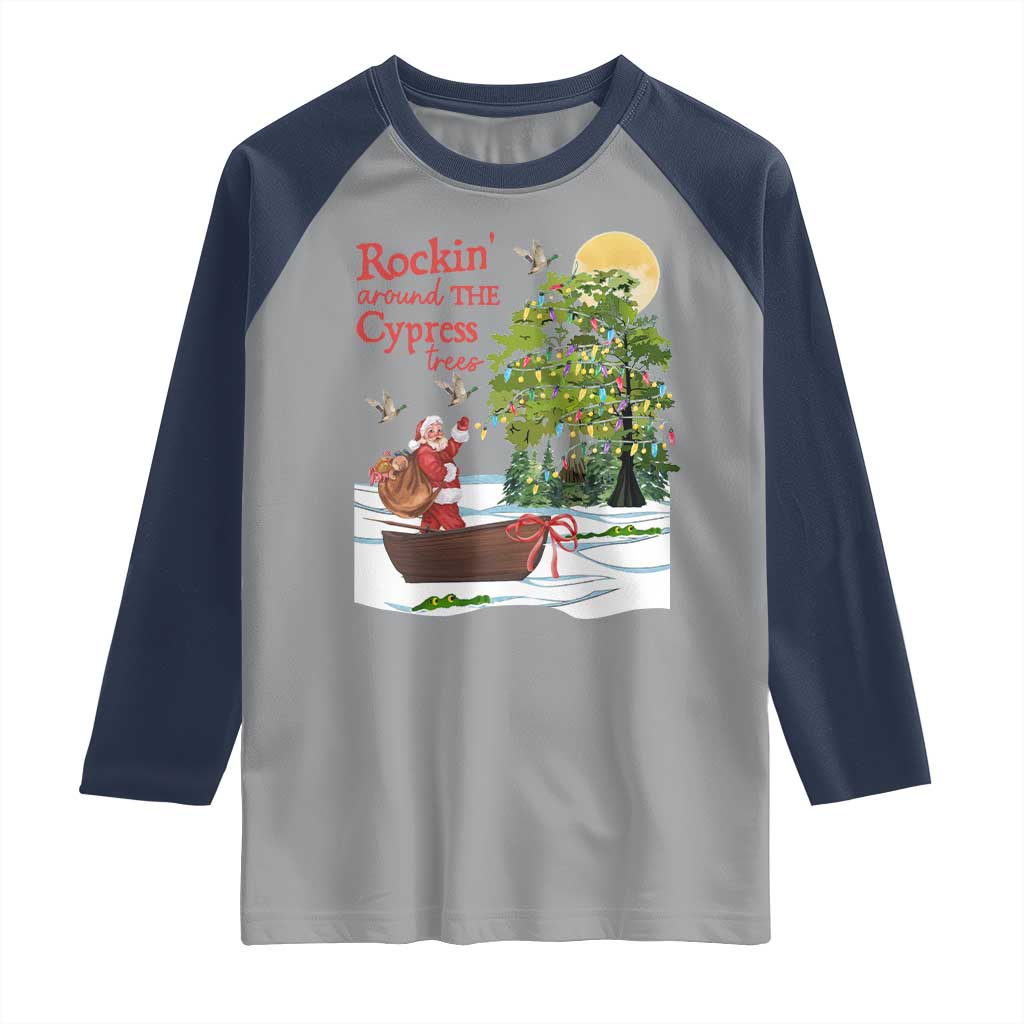 Funny Christmas Cajun Louisiana Raglan Shirt Rockin' Around The Cypress Trees Santa Alligator TS11 Sport Gray Navy Print Your Wear