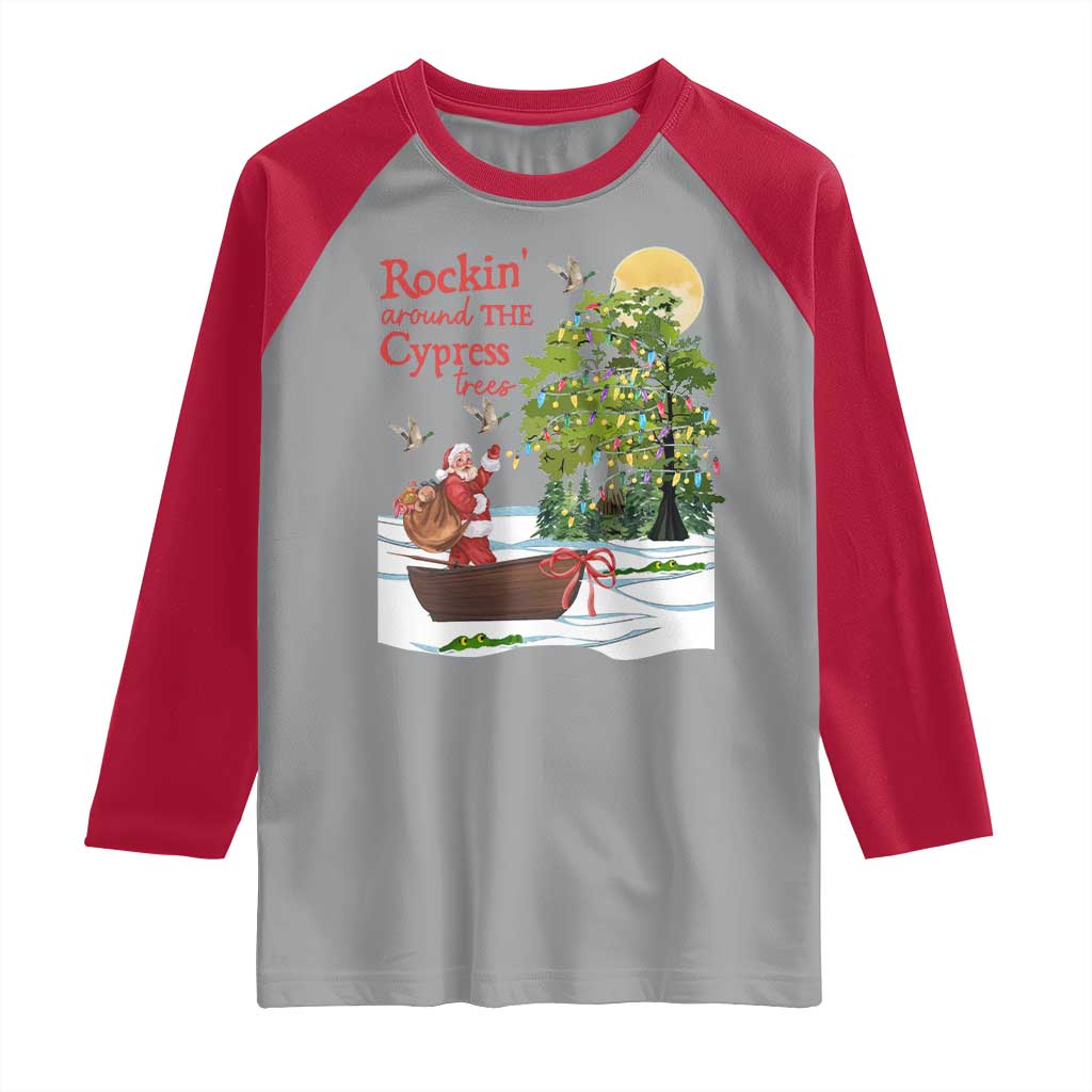 Funny Christmas Cajun Louisiana Raglan Shirt Rockin' Around The Cypress Trees Santa Alligator TS11 Sport Gray Red Print Your Wear