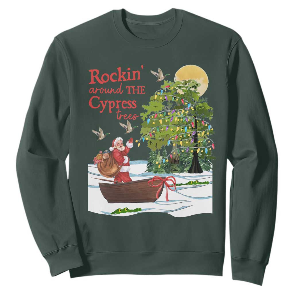 Funny Christmas Cajun Louisiana Sweatshirt Rockin' Around The Cypress Trees Santa Alligator TS11 Dark Forest Green Print Your Wear