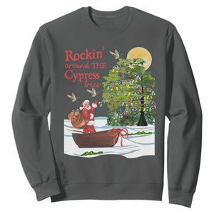 Funny Christmas Cajun Louisiana Sweatshirt Rockin' Around The Cypress Trees Santa Alligator TS11 Dark Heather Print Your Wear